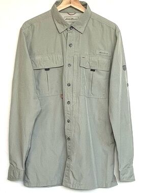 Eddie Bauer Sport Shop Light Green Fishing Shirt Men's TMed Long Sleeve Nylon